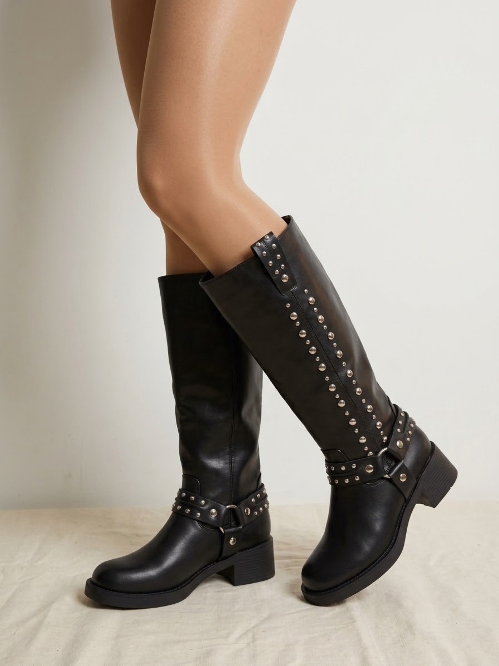 Fashion Nova Women's Riley Studded Knee-High Boots Black Block Heel Size 8 New